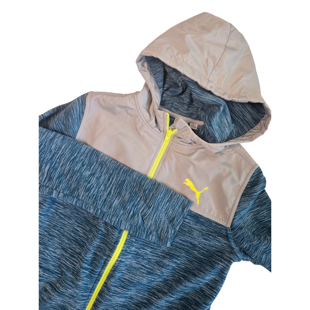 Puma Space Dye Full Zip Hoodie Boys Size M 10/12 Blue Grey Neon Yellow Logo EUC